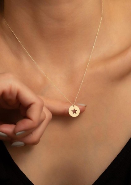 14 Ayar Altın Baskılı Yuvarlak Yıldız Kolye modelleri