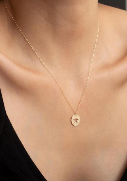 14 Ayar Altın Baskılı Yuvarlak Yıldız Kolye indirimleri