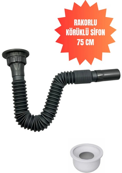 Gri Rakorlu Körüklü Sifon Kısa 75 cm Adaptör Contalı Aqua