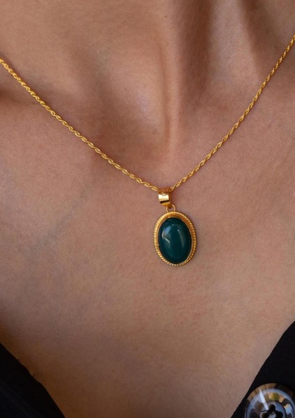 14 Ayar Altın Koyu Yeşil Akik Kolye