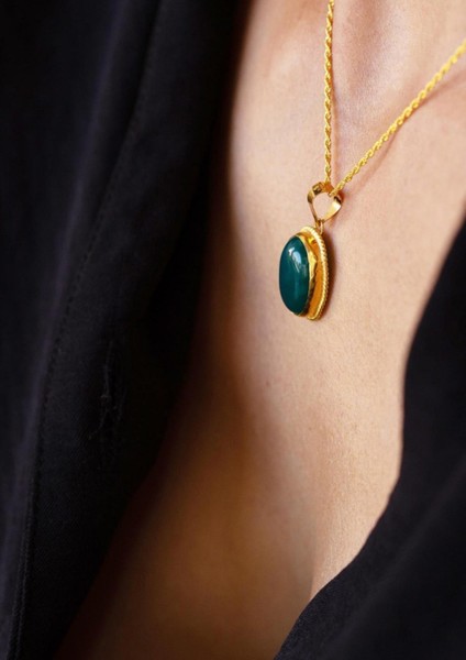 14 Ayar Altın Koyu Yeşil Akik Kolye fiyatları