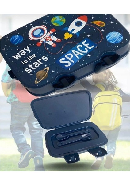 Uzay Kare Model Kaşıklı 4 Bölmeli 2 Katlı Beslenme Kutusu