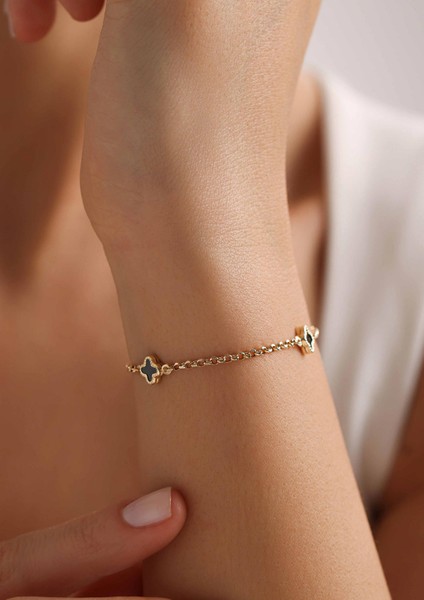 14 Ayar Altın Siyah Yonca Bilekik modelleri