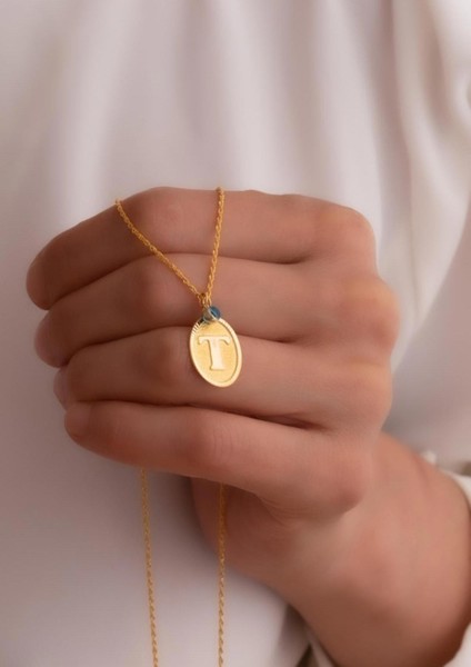 14 Ayar Altın Nostaljik Oval T Harf Kolye