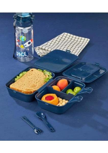 2’li Set Uzay Kare Model Kaşıklı 4 Bölmeli 2 Katlı Beslenme Kutusu ve 500 cc Pipetli Matara Uzay