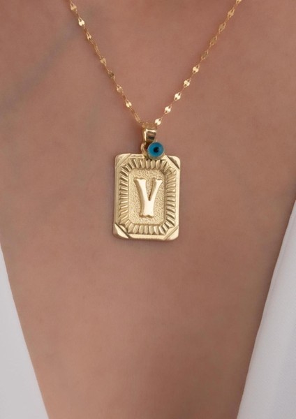14 Ayar Altın V Harf Vintage Kolye modelleri