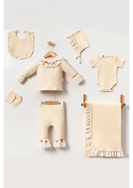 Nell Kız Bebek Krem Fırfırlı Gül Işlemeli Dantel Detaylı 7'li Set