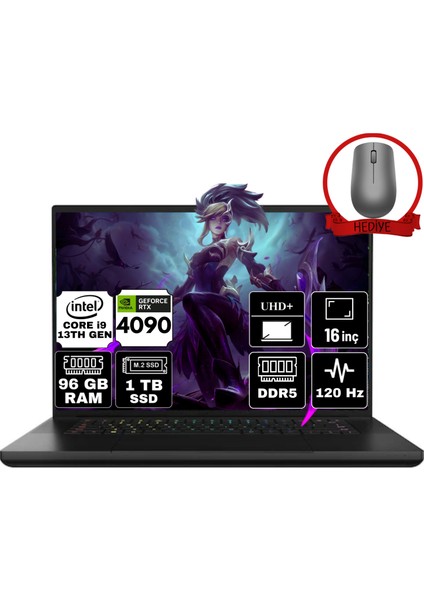 Blade 16 Intel Core I9-13950HX 96GB 1tb SSD RTX4090 Freedos 16'' UHD Taşınabilir Gaming Bilgisayar RZ-0483UEJ4-R3E1-B-A21 & Anzar Mouse