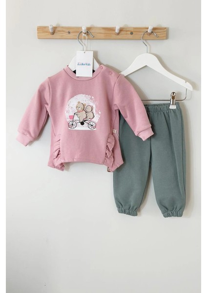 Aisha Kız Bebek Pembe Ayıcık Baskılı Fırfır Detaylı Sweatshirt 2'li Takım
