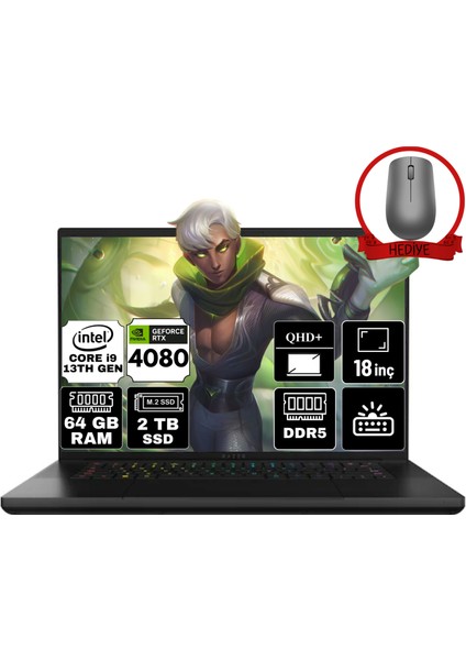 Blade 18 Intel Core I9-13950HX 64GB 2tb SSD RTX4080 Freedos 16'' Qhd Taşınabilir Gaming Bilgisayar RZ09-0484TEH3-R3E1-A17 & Anzar Mouse