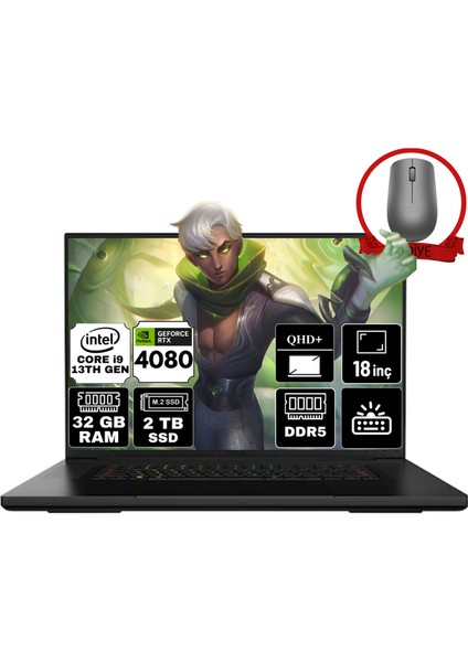 Blade 18 Intel Core I9-13950HX 32GB 2tb SSD RTX4080 W11H 16'' Qhd Taşınabilir Gaming Bilgisayar RZ09-0484TEH3-R3E1-A26 & Anzar Mouse