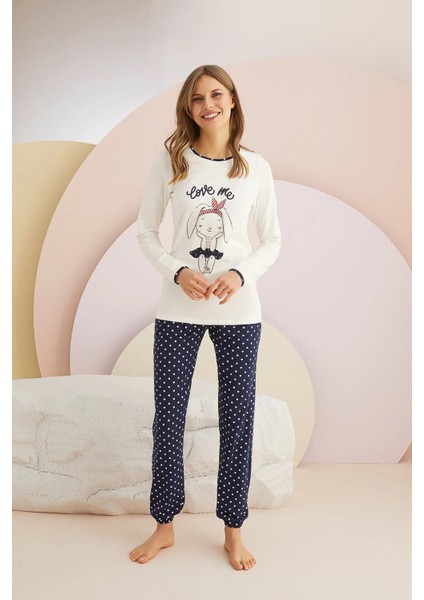 Kadın Ekru Baskılı Pijama Takımı