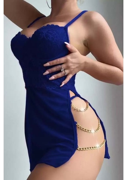 Hotflirt MADAM2360/2362 Zincirli Gecelik - Mavi - L-Xl