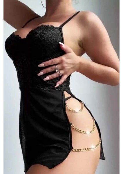 Hotflirt MADAM2360/2362 Zincirli Gecelik - Siyah - L-Xl