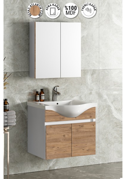 Yıldız 65 cm Beyaz-Atlantik Çam Mdf Seramik Lavabolu Asma Banyo Dolabı Takımı