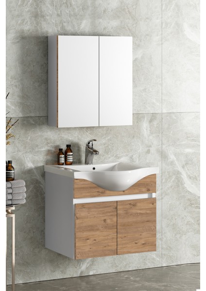 Yıldız 65 cm Beyaz-Atlantik Çam Mdf Seramik Lavabolu Asma Banyo Dolabı Takımı fiyatları
