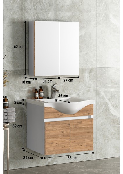 Yıldız 65 cm Beyaz-Atlantik Çam Mdf Seramik Lavabolu Asma Banyo Dolabı Takımı indirimleri