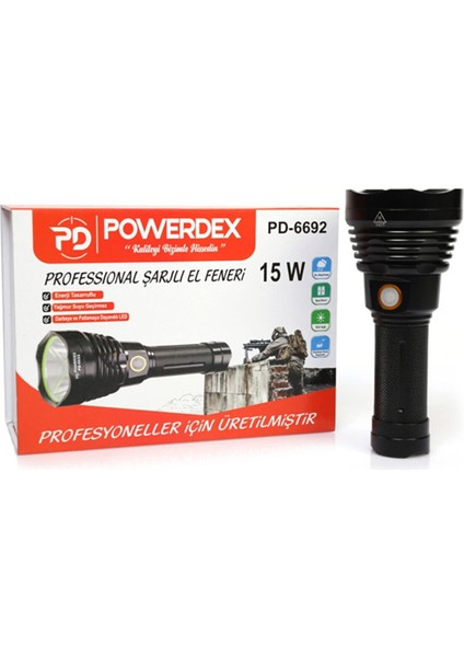 15 Watt 1000 Lümen Profesyonel Şarjlı El Feneri PD-6692