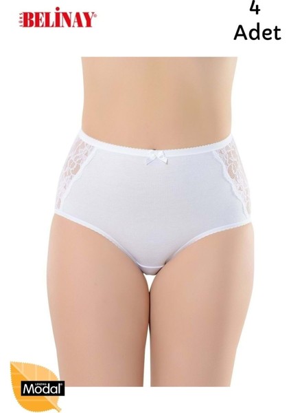 4 Lü Paket Modal Yüksek Bel Dantelli Bayan Koton Külot 0121 Beyaz