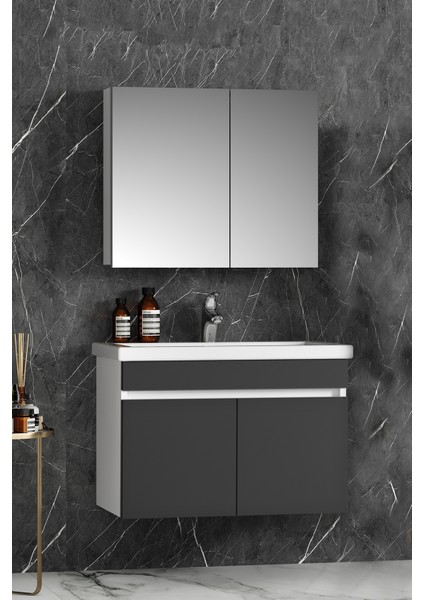 Çiğdem 80 cm Beyaz-Antrasit Gri Mat Mdf Seramik Lavabolu Asma Banyo Dolabı Takımı fiyatları