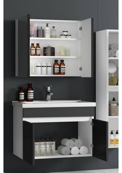 Çiğdem 80 cm Beyaz-Antrasit Gri Mat Mdf Seramik Lavabolu Asma Banyo Dolabı Takımı modelleri