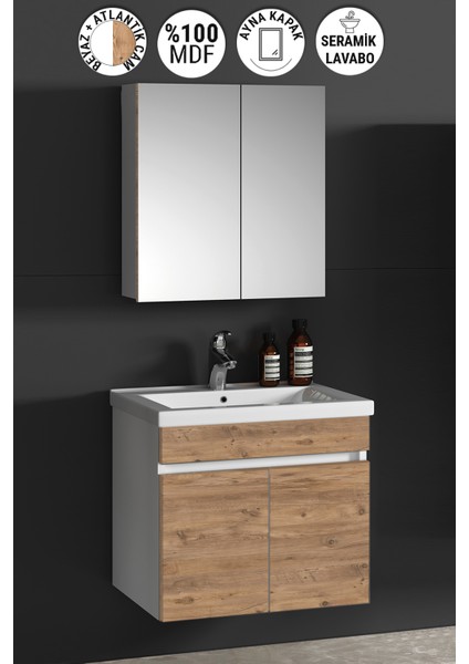 Çiğdem 65 cm Beyaz-Atlantik Çam Mdf Seramik Lavabolu Asma Banyo Dolabı Takımı