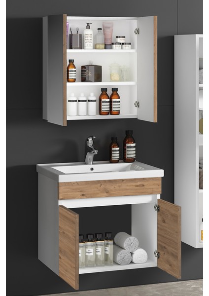 Çiğdem 65 cm Beyaz-Atlantik Çam Mdf Seramik Lavabolu Asma Banyo Dolabı Takımı modelleri