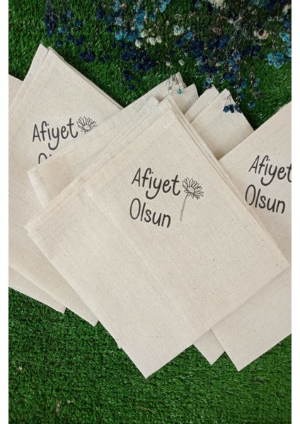 6 Adet Afiyet Olsun Çiçekli Keten Peçete - Servis Sunum Peçetesi - Baskılı Peçete fırsatları