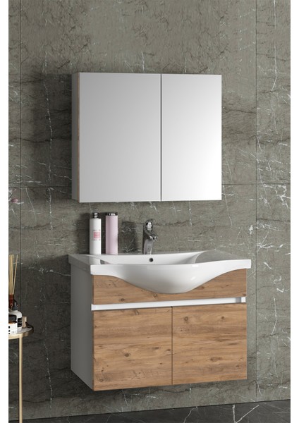 Yıldız 80 cm Beyaz-Atlantik Çam Mdf Seramik Lavabolu Asma Banyo Dolabı Takımı fiyatları