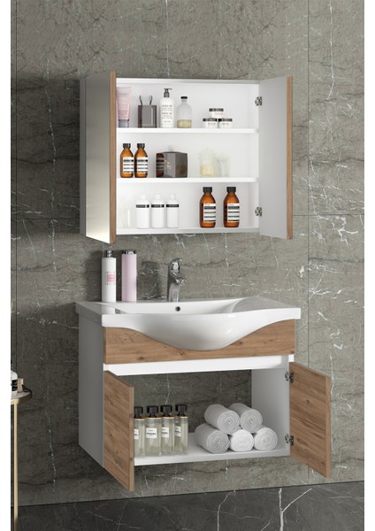 Yıldız 80 cm Beyaz-Atlantik Çam Mdf Seramik Lavabolu Asma Banyo Dolabı Takımı modelleri