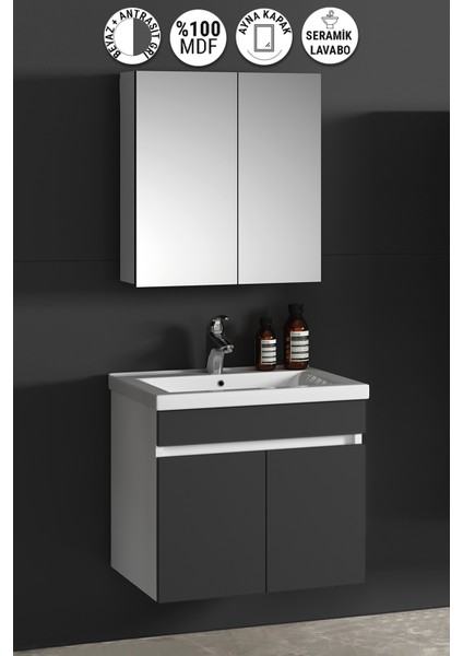 Çiğdem 55 cm Beyaz-Antrasit Gri Mat Mdf Seramik Lavabolu Asma Banyo Dolabı Takımı