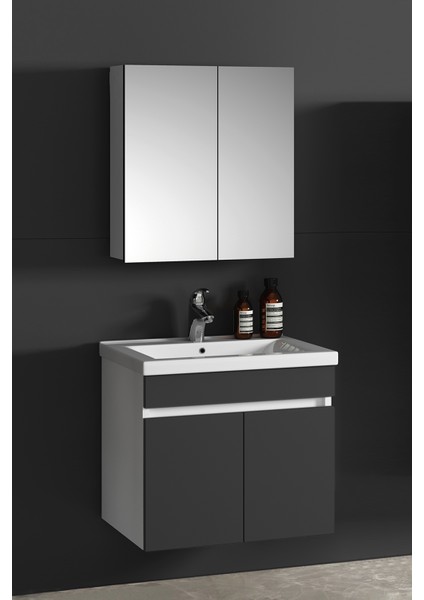 Çiğdem 55 cm Beyaz-Antrasit Gri Mat Mdf Seramik Lavabolu Asma Banyo Dolabı Takımı fiyatları