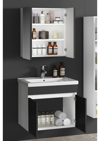 Çiğdem 55 cm Beyaz-Antrasit Gri Mat Mdf Seramik Lavabolu Asma Banyo Dolabı Takımı modelleri