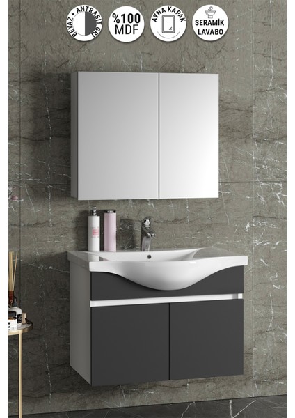 Yıldız 80 cm Beyaz-Antrasit Gri Mat Mdf Seramik Lavabolu Asma Banyo Dolabı Takımı