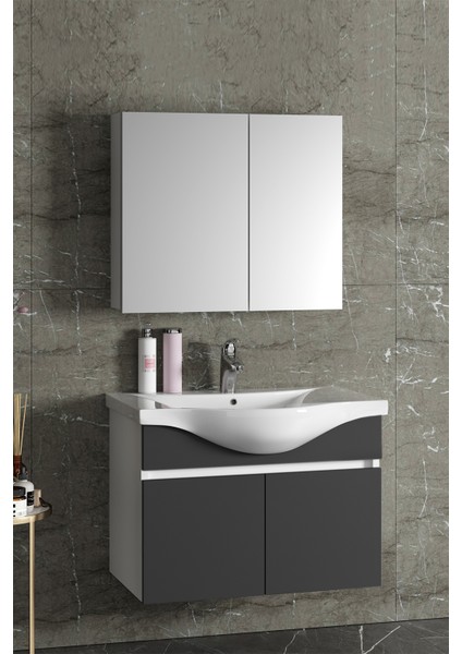 Yıldız 80 cm Beyaz-Antrasit Gri Mat Mdf Seramik Lavabolu Asma Banyo Dolabı Takımı fiyatları