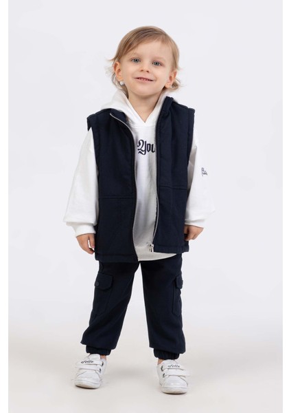 Kapüşonlu Sweatshirtlü Cepli 3 Parça Erkek Çocuk Yelekli Takım