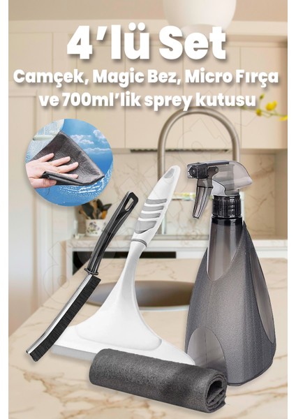 4'lü Set Pencere Cam Temizleme Seti - Camçek, 700ML Sprey Kutu, Magic Bez, Micro Fırça - Pimapen