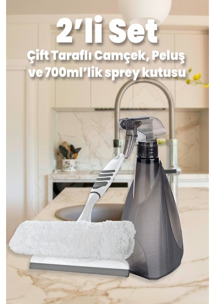 2'li Camçek Seti - 700ML Sprey Kutusu - Çift Taraflı Peluşlu Camçekli Cam Temizleme