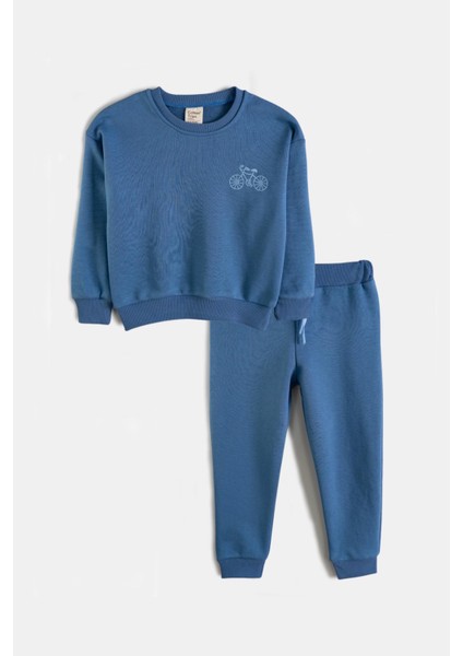 Owen Erkek Çocuk Mavi Bisiklet Nakış Detaylı Sweatshirt 2'li Takım