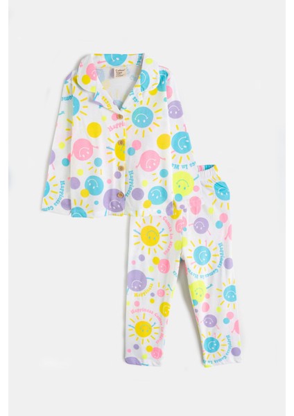 Nancy Kız Çocuk Renkli Smile Desenli Önden Düğmeli Pijama Takımı