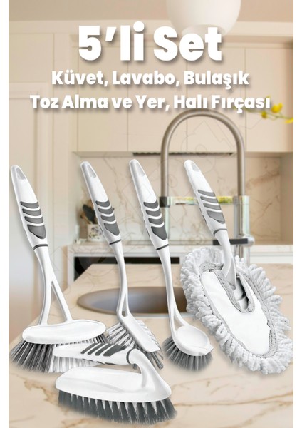 5'li Fırça Seti - Banyo, Bulaşık, Lavabo, Toz Alma ve Halı, Yer Fırçası - Tek Set ile Tüm Işler