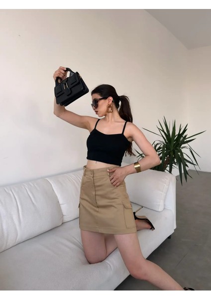 Yüksek Bel Cep Detaylı Bej Gabardin Şort Etek fiyatları