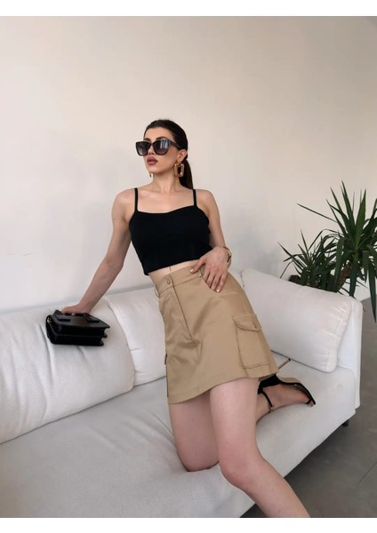 Yüksek Bel Cep Detaylı Bej Gabardin Şort Etek fırsatları