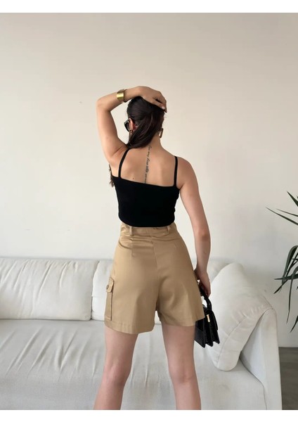 Yüksek Bel Cep Detaylı Bej Gabardin Şort Etek indirimleri