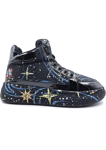G24K441 Rhinestones Kadın Siyah Taşlı Bilekli Sneaker Ayakkabı