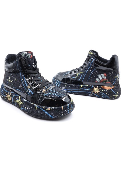 G24K441 Rhinestones Kadın Siyah Taşlı Bilekli Sneaker Ayakkabı modelleri