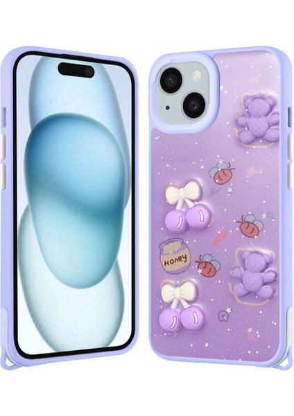 Apple iPhone 15 Plus Için Uyumlu Kılıf Parlayan Simli Kabartma Figürlü Cevze Kapak