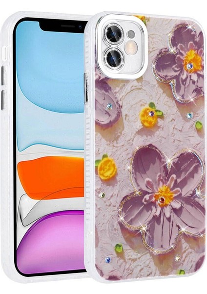 Apple iPhone 11 Için Uyumlu Kılıf Çiçek Desenli Parlak Taşlı Sert Silikon Garden Kapak