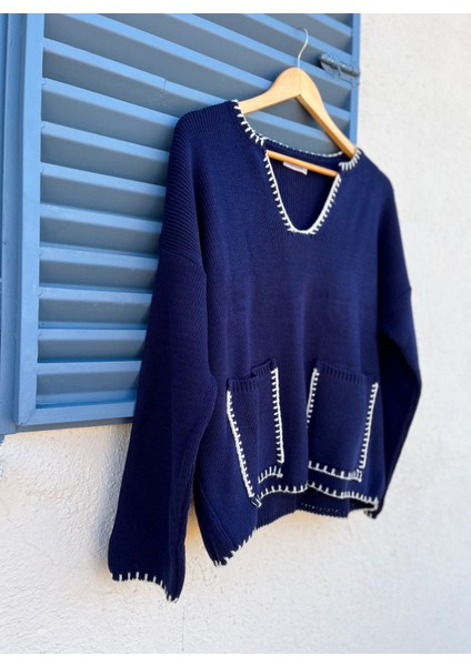 Dikiş Detaylı Oversize Kazak