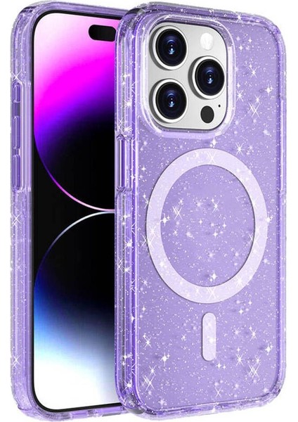 Apple iPhone 15 Pro Max Için Uyumlu Kılıf Magsafe Şarj Parlayan Simli Saydam Renkli Allstar Kapak